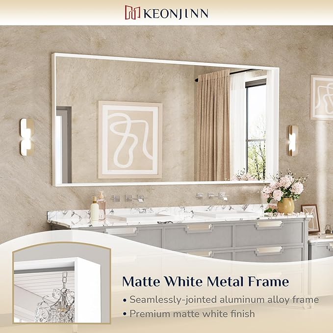 Keonjinn White Bathroom Mirrors for Over Sink 72 x 36 Inch Large Bathroom Vanity Mirror for Wall Metal Frame Modern Rectangle Mirror Square Corner Matte White Rectangular Mirror(Horizontal/Vertical)