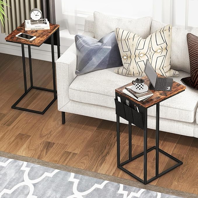C Shaped End Table Set of 2 for Living Room, Couch Side Tables That Slide Under, TV Tray Snack Table for Sofa, Brown