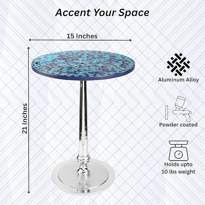 CLEENTABLE Mosaic Round End Table for Living Room & Bedroom - Artistic Coffee Side Table with Polished Aluminum Legs, Enamel-Coated Top, Lightweight Design, Easy Assembly (Blue Silver)