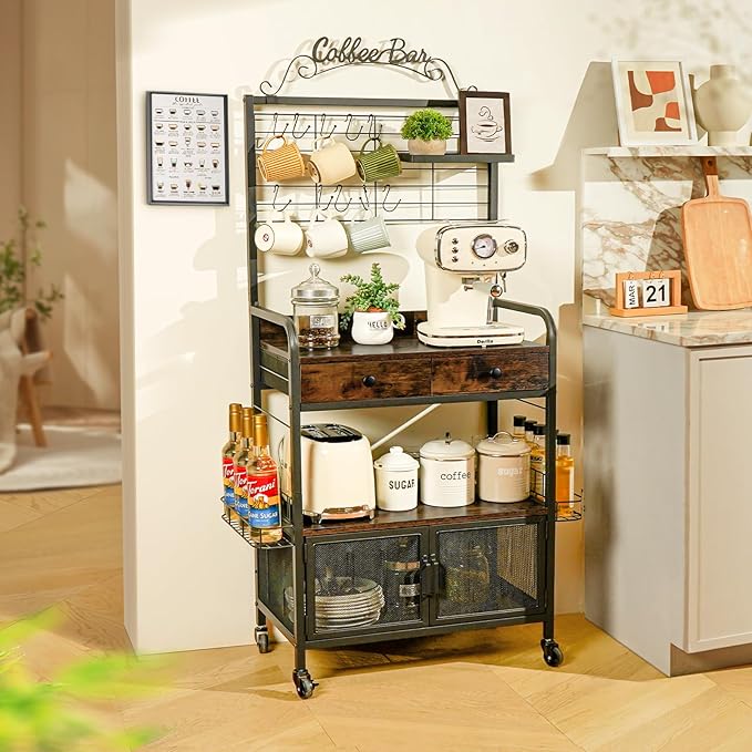 Coffee Bar Cart with Wheels, Coffee Bar Table, Kitchen Coffee Bar Cabinet with Storage, Rustic Coffee Bar, Rolling Coffee Cart, Coffee Nook, Corner Coffee Bar Station with Drawer, Bakers Rack