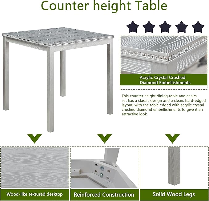 KEIKI 5-Piece Counter Height Dining Table Set with Square Table and 4 Upholstered Chair, for 4 Person, Classic Crystal Decoration Wooden Table Set, Easy Assembly, for Kitchen, Dining Room, Silver Grey
