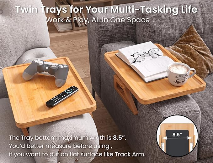 2 Pack Couch Arm Tray,Bamboo Folding Sofa Tray,Sofa Armrest Trays Clip-On Couch Desk for Drinks,Snacks,Phone,Remote Control（Natural）