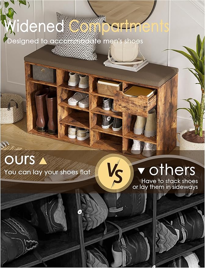 DINZI LVJ Shoe Bench, Entryway Storage Bench with Drawer and 15 Cubbies, Cubby Shoe Rack with Adjustable Shelves, Shoe Organizer Cabinet for Living Room, Bedroom, Mudroom and Garage, Rustic Brown