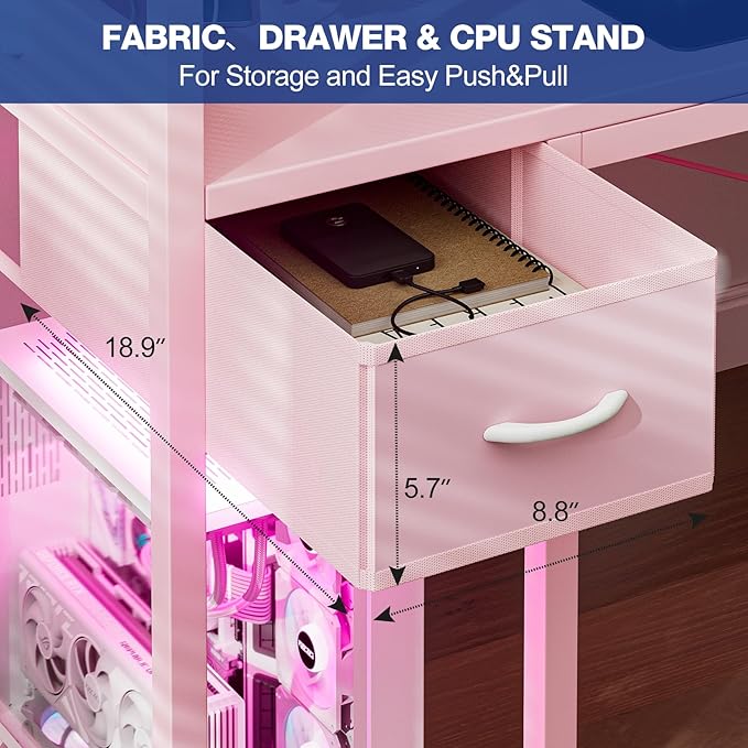 Gaming Desk 47 Inch with Power Outlet and LED Light, Computer Desk with Reversible Shelves and Storage Drawer, Pc Small Workstation for Home Office Table with Bag, Carbon Fiber Pink