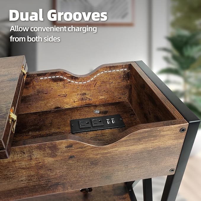 TooCust End Tables Living Room with Charging Station, 11.2" D x 24" W x 24" H, Flip Top Side Table with USB Ports and Outlets, Couch End Tables, Narrow End Table with 5.5" Deep Drawer