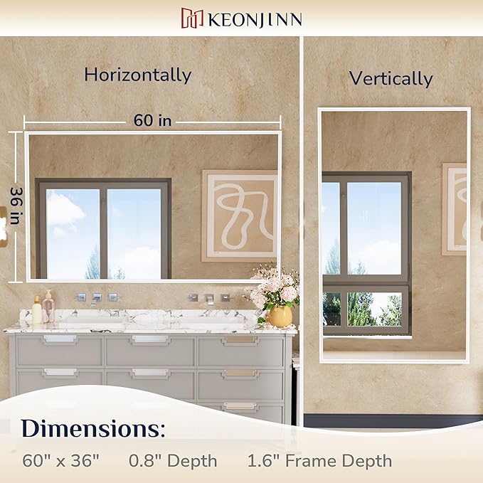 Keonjinn 60 x 36 Inch White Bathroom Mirrors Metal Framed Large Bathroom Mirror for Over Sink Metal Framed Rectangle Wall Mirror Modern Square Corner Matte White Rectangle Mirror(Horizontal/Vertical)