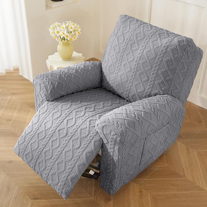 vctops 4 Pieces Geometric Jacquard Plush Recliner Slipcovers Soft Fuzzy Fluffy Sofa Couch Cover Anti-Slip Furniture Protector with Elastic Bottom for Kids Cats Dogs(Grey,1 Seat)