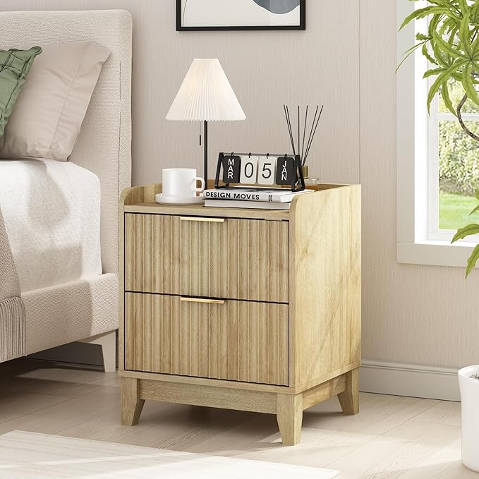 Wnutrees Fluted Nightstand with Charging Station, Modern Bedside Table with 2 Drawers, Farmhouse Wooden End Side Table for Living Room, Natural