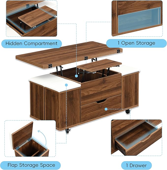 Merax Multi-Functional Lift-Top Coffee Table with Hidden Storage and Stools,Multi-Function Modern Center Table with 4 Stools and Casters,Perfect for Modern Living Spaces, Walnut & White