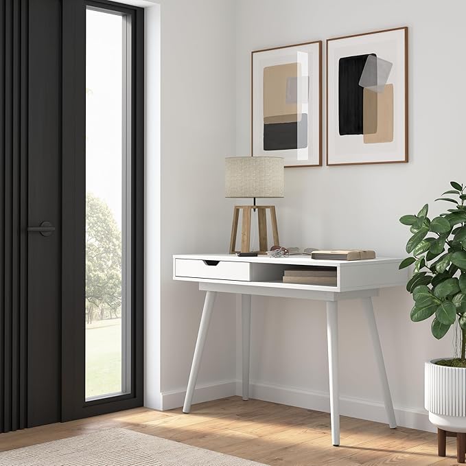 Furniture Nora 40W Writing Desk in Pure White | Computer Table for Home Office Workspace or Entryway
