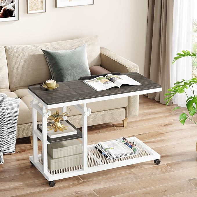 Tribesigns Height Adjustable C Table with Wheels, Mobile Couch Snack Side Table with Tiltable Drawing Board, Sofa Bedside Laptop Stand C Shaped TV Tray with Storage Shelves (Grey+White)