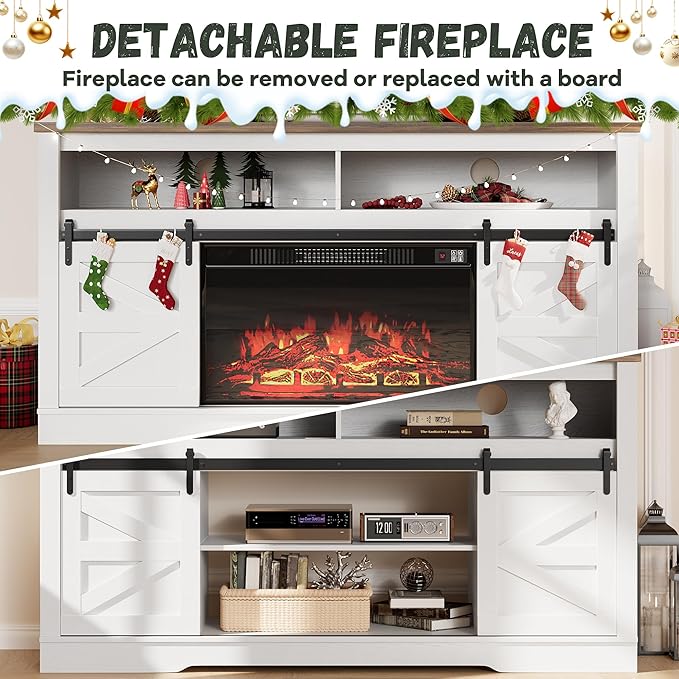 YESHOMY Fireplace TV Stand for Television up to 65+ Inch with Storage and Farmhouse Sliding Barn Doors, Entertainment Center with Cabinet and Shelves, Media Console for Living Room, White