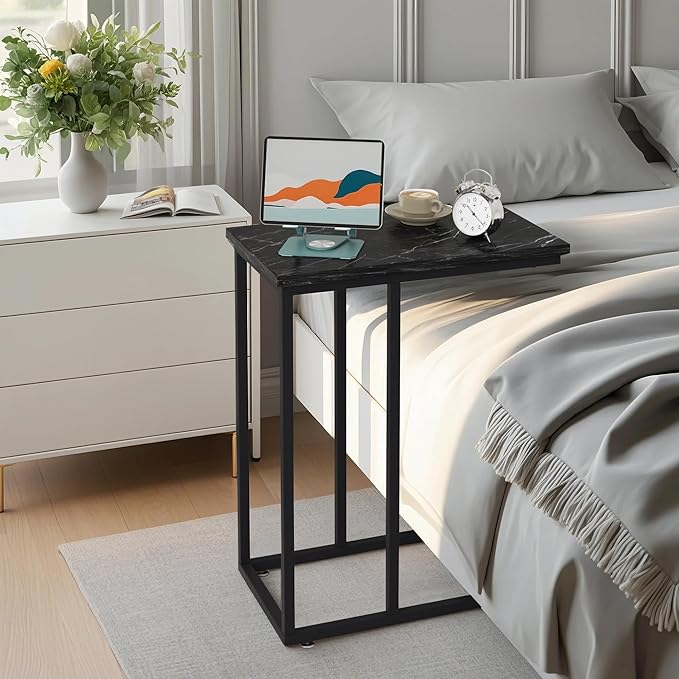 VECELO C Shaped End Side Table for Sofa Couch and Bed Snack TV Tray for Living Room Bedroom, 1 Set, Black Marble