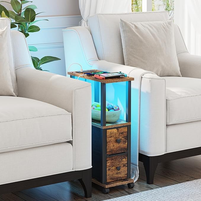 TUTOTAK Small Narrow End Tables, LED Side Tables with 2 Fabric Drawers, Set of 2, Bedside Tables with Charging Station for Small Spaces, Slim Nightstands with USB Ports and Wheels, TB01BB053CL
