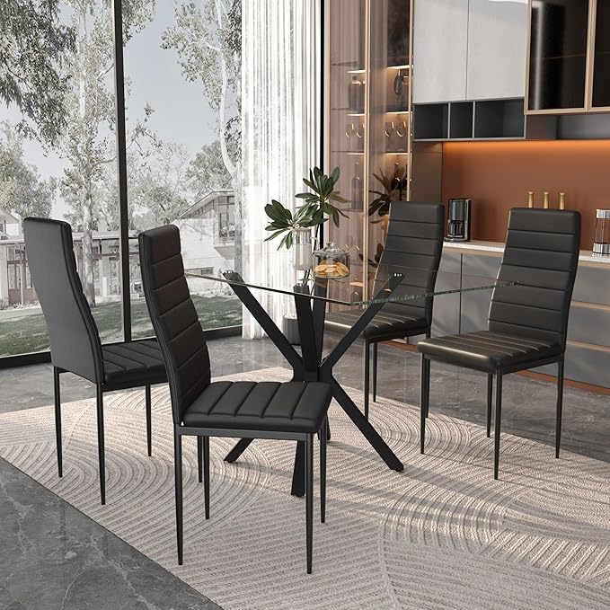 Tempered Glass Dining Table for 4, 48 Inch Rectangular Kitchen Table with Black Metal Legs Modern Style Dinner Table for Dining Room Kitchen