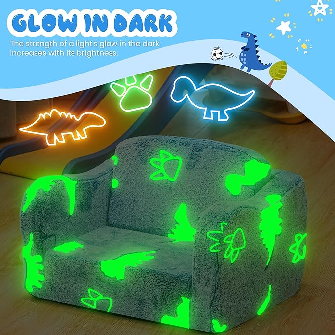 Lamerge 2-in-1 Toddler Couch,Glow in The Dark Baby Floor Bed,Foldable Toddler Chair Kids Sofa for playroom,Convertible Sofa to Lounger for Girls and Boys (Blue and Dinosaur)