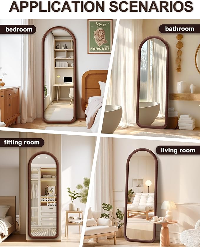 Delma Arched Full Length Mirror, Free Standing Floor Plush Flannel Frame Mirror for Leaning or Hanging, Soft Touch Bedroom & Living Room Decor, Dark Brown