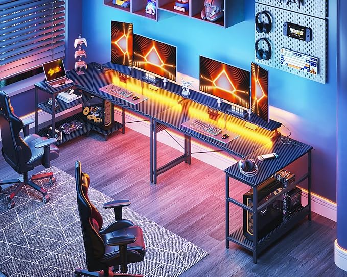 ODK 58 Inch Gaming Desk with USB Charging Ports and LED Lights, Reversible L Shaped Computer Desk with Storage Shelves & Monitor Stand, Corner Gamer Desk Table with Power Outlets, Black