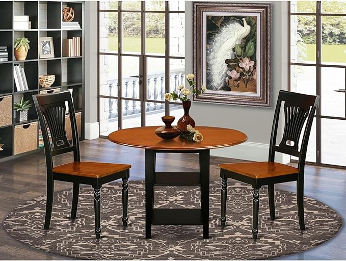 East West Furniture SUPL3-BCH-W 3 Piece Dining Set Contains a Round Dining Room Table with Dropleaf & Shelves and 2 Kitchen Chairs, 42x42 Inch, Black & Cherry