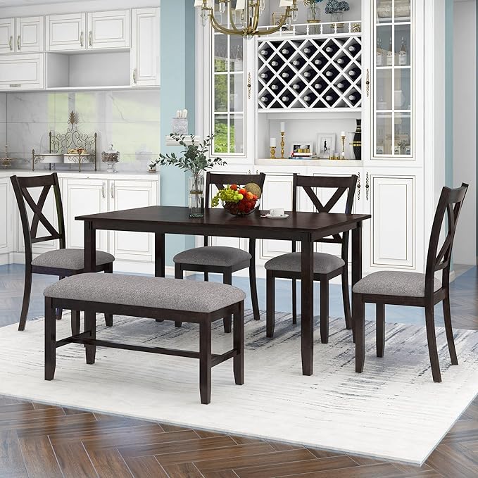 SogesPower 6-Piece Kitchen Dining Table Set for 4-6,Rectangular Dining Table with 4 Fabric Chairs & 1 Bench for Dining Room Living Room,Espresso