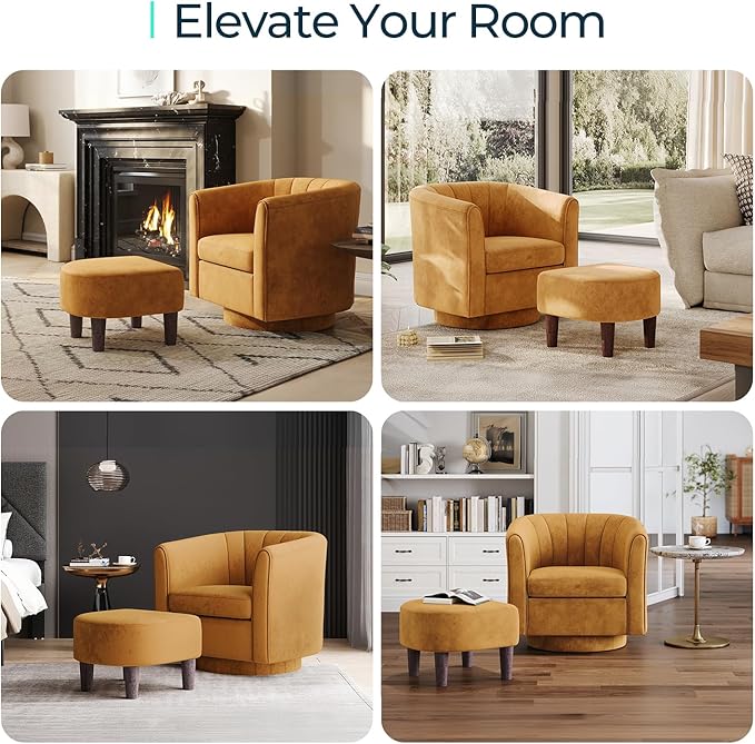 LINSY Swivel Accent Chair with Ottoman: Small Velvet Barrel Chair 360 Swivel Modern Armchair, Upholstered Reading Chair with Footrest for Living Room Bedroom Study Room (Yellow)