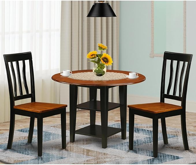 East West Furniture SUAN3-BCH-W 3 Piece Dining Room Table Set Contains a Round Dining Table with Dropleaf & Shelves and 2 Wood Seat Chairs, 42x42 Inch, Black & Cherry