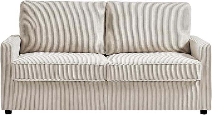 Reversible Sleeper Sofa Bed with Comfortable Memory Foam Mattress, Convertible Corduroy Full Size Pull Out Couch for Living Room, Space Saving Furniture, 70" Wide, Rectangular Arms, Ivory