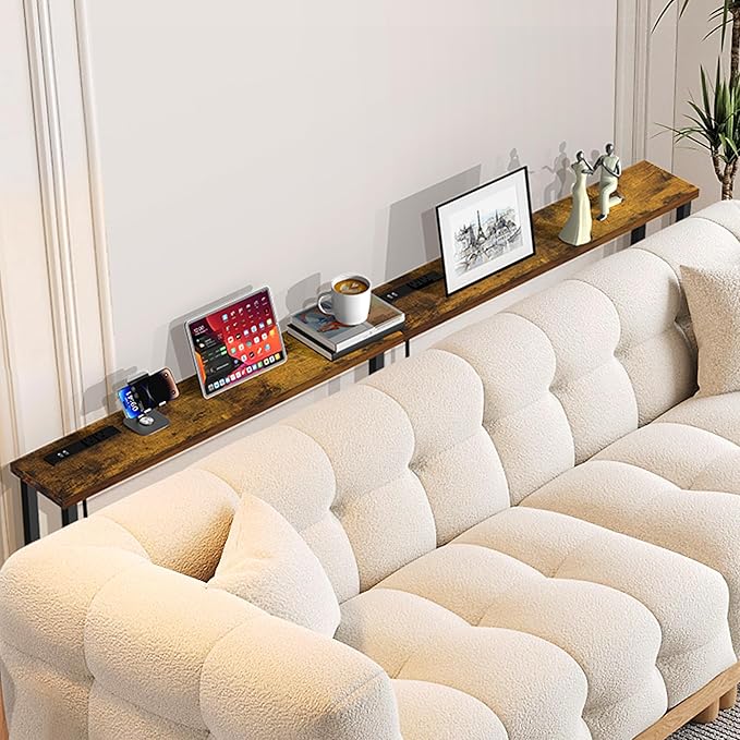 GRLEAF 78" Sofa Table with Built-in Power Strip (4 AC Outlets & 4 USB Ports) – 4.9ft Power Cord, Metal Frame, Easy Assembly, Long Couch Table Behind Sofa, Living Room and Home Office | Rustic Brown