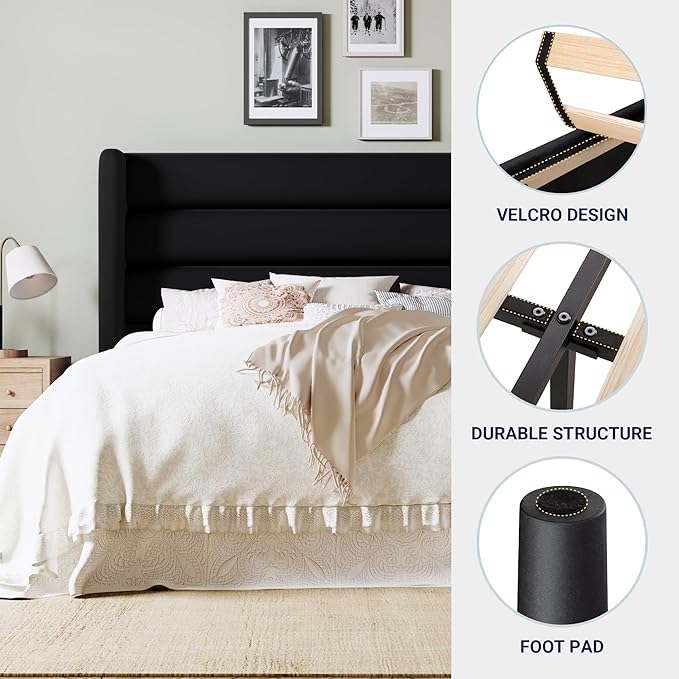 Allewie King Size Platform Bed Frame with Velvet Upholstered Wingback Headboard, No Box Spring Needed, Under Bed Storage Space, Strong Wooden Slats, Modern Mattress Foundation, Easy Assembly, Black