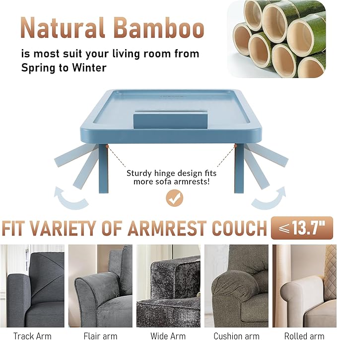 SINWANT Couch Arm Table, Bamboo Sofa Clip on Tray Tables,Sofa Armrest Tray with 360° Phone Holder,Couch Armrest Table for Eating and Drinking