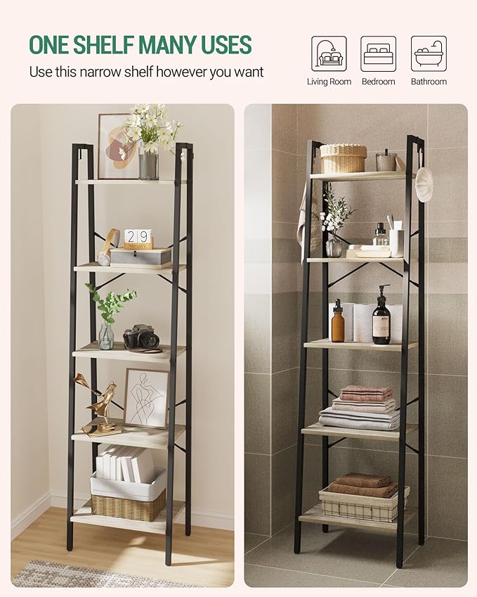 Ladder Shelf, Bookshelf Bookcase, Freestanding Corner Storage Shelve with 2 Hooks for Home Office, Living Room, Kitchen, Bedroom, Industrial, 5-Tier Greige BC19205B