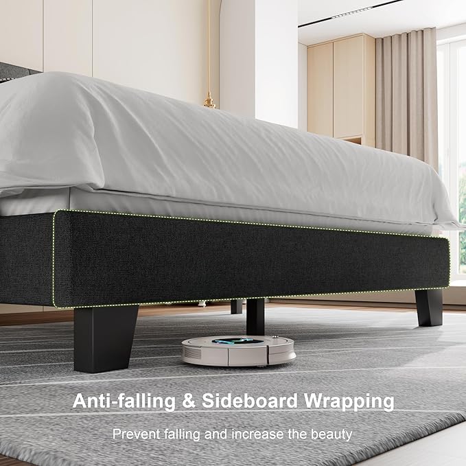 Feonase Queen Platform Bed Frame with Button Tufted Headboard, Upholstered Linen Bed with Wooden Slats Support, No Box Spring Needed, Easy Assembly, Noise-Free, Dark Grey