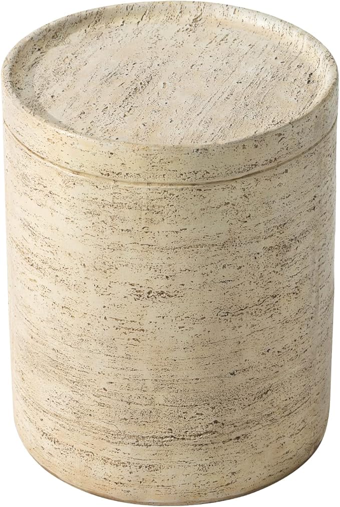COSIEST Outdoor Side Table, Cylinder Shaped MgO Patio End Table, Lightweight Accent Table with Tray Top, Round Plant Stand Tool for Garden and Deck, Beige