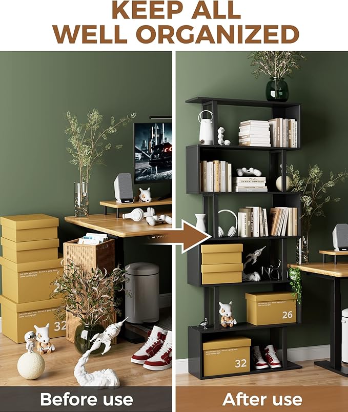 Gadroad 6 Tier Geometric Bookcase, Black Book Shelves, Modern Corner Bookcase Storage Shelf Wood for Bedroom, Living Room, Home Office, Black