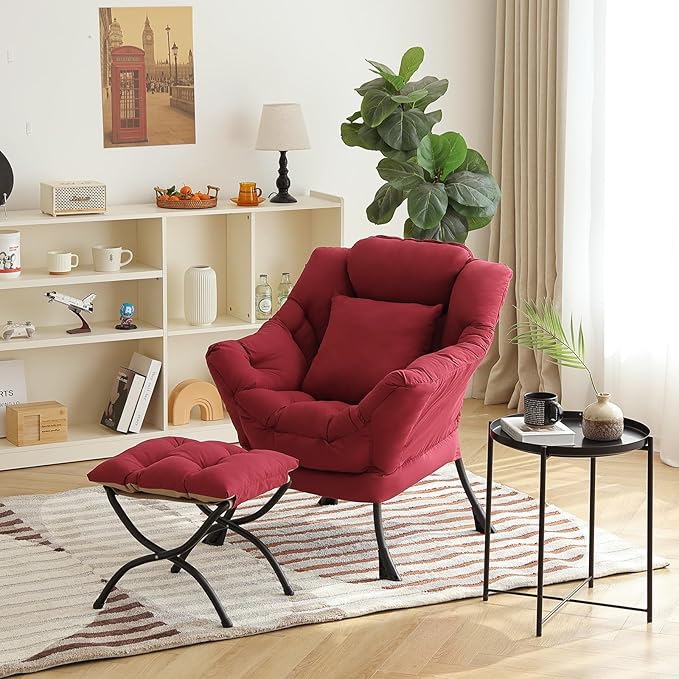 Lazy Chair with Ottoman, Comfy Reading Lounge Chair with Footstool & Throw Pillow Modern with Armrests & Side Pocket for Living Room, Bedroom, Dorm Room, Burgundy