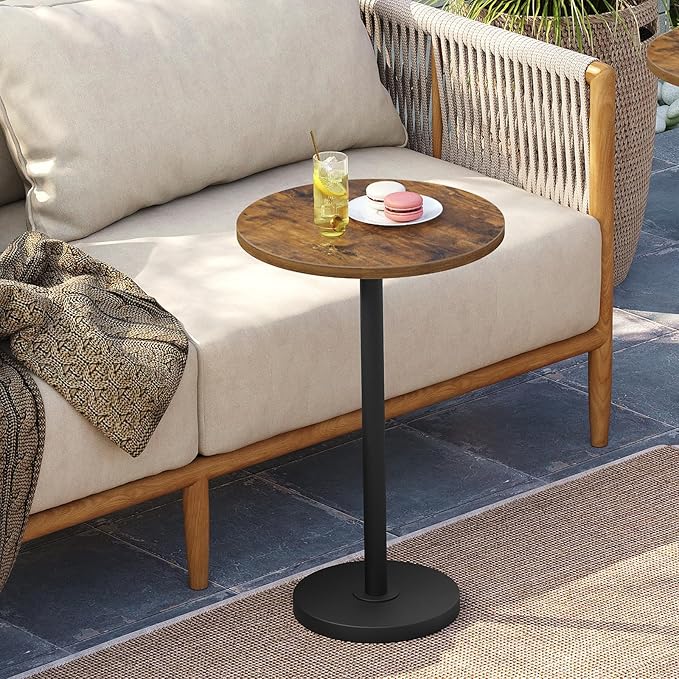 Round Side End Table for Small Spaces, Pedestal Style Martini Drink Side Table in Living Room, Bedroom, Dormitory, Rustic Brown and Black ET30BR