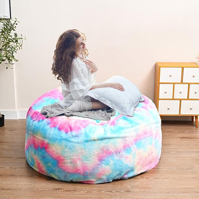 Bean Bag Chair for Adults Kids Without Filling Comfy Fluffy Round Beanbag Couch Lazy Sofa Cover for Reading Chair Floor Chair, 3.5FT, Multicolored