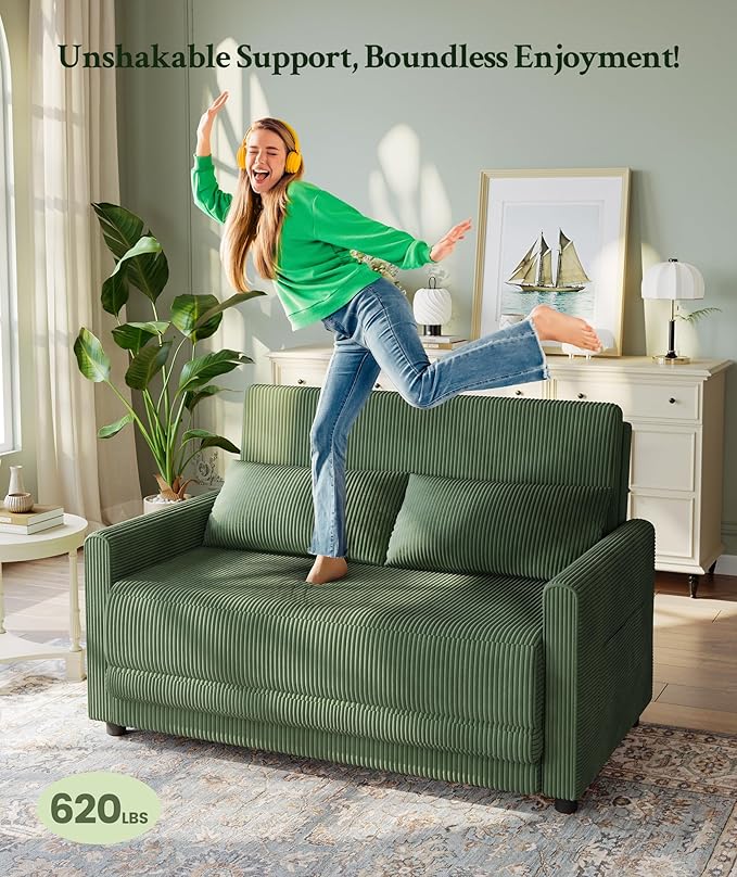 53” Convertible Sofa Bed Couch, Corduroy Couch Bed, 6-Position Loveseat Sleeper Sofa, Love Seat Sleeper Bed 23.6" Extra Deep Seat, Modern Couches for Living Room/Apartment/Home/Office, Green