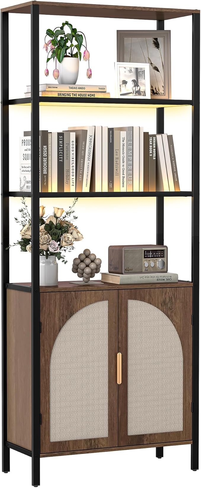 Bookshelf with Rattan Doors, 71" Tall Bookcase with Light and Adjustable Shelf, 5 Tier Book Shelf Storage Organizer for Bedroom, Living Room and Home Office