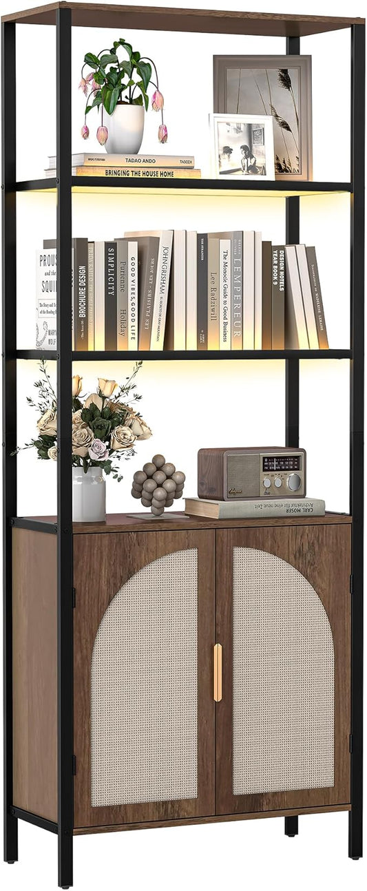 Bookshelf with Rattan Doors, 71" Tall Bookcase with Light and Adjustable Shelf, 5 Tier Book Shelf Storage Organizer for Bedroom, Living Room and Home Office