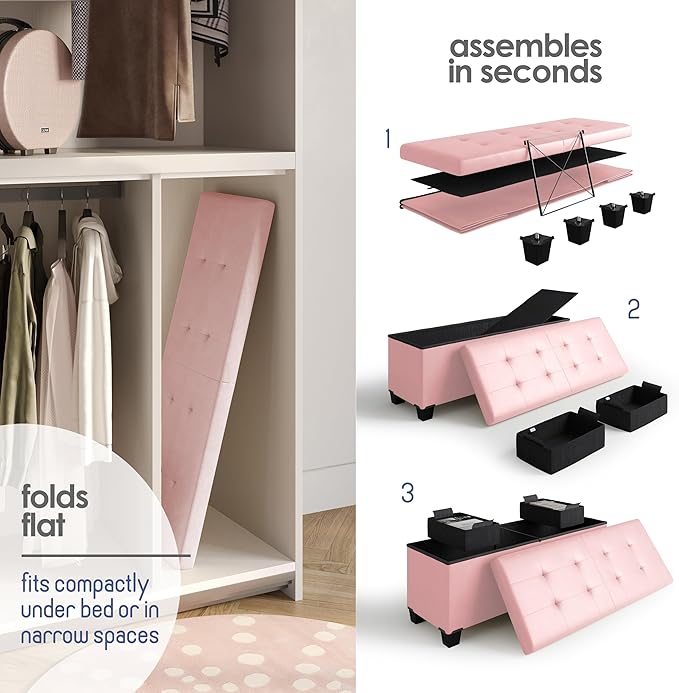 STORAGEBUD Storage Ottoman Bench with Bins, 43-in Storage Bench for Bedroom End of Bed, Folding Foot Rest Ottoman for Living Room Max 660lbs, Faux Leather Ottomans, Pink