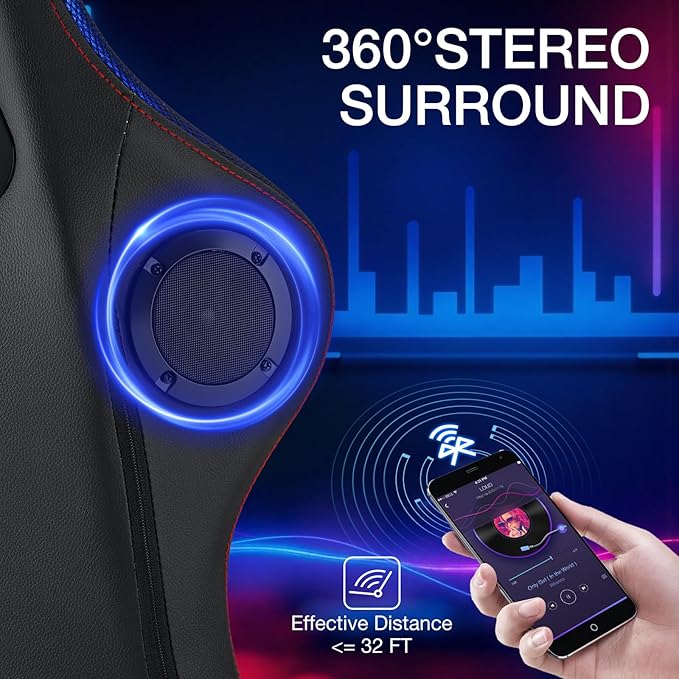 HOFFREE Gaming Chair with Music Rhythm RGB LED Lights and Bluetooth Speakers Ergonomic Massage Computer Gaming Chair with Footrest Video Game Chair High Back with Lumbar Support Red and Black