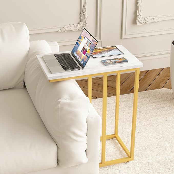 VECELO C Shaped End Side Table for Sofa Couch and Bed Snack TV Tray for Living Room Bedroom, 1 Set, Gold
