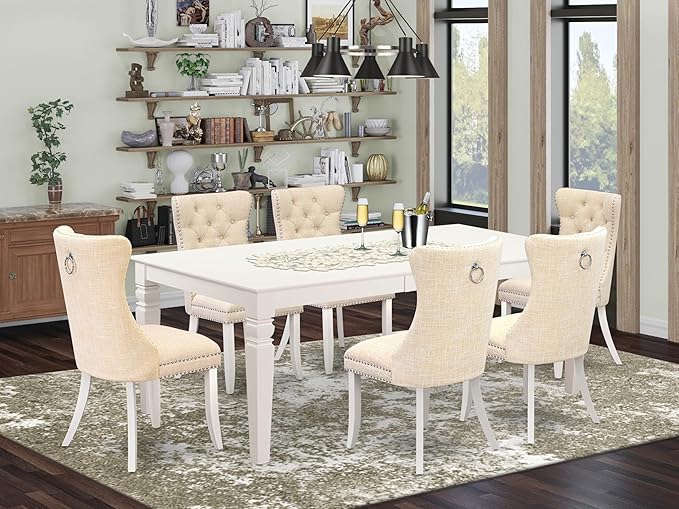 East West Furniture LGDA7-LWH-32 7 Piece Dinette Set Contains a Rectangle Dining Table with Butterfly Leaf and 6 Polyester Fabric Upholstered Chairs, 42x84 Inch, linen white