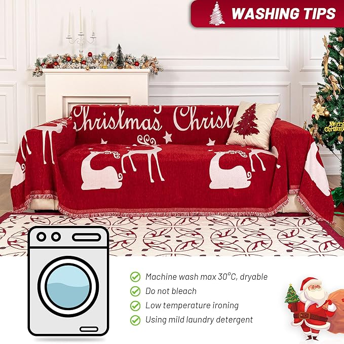 MYSKY HOME Christmas Couch Cover for Dogs, Washable Couch Covers, Non Slip Sofa Slipcover, Couch Cover 2 Cushion Sofa Dogs Furniture Protector, Chenille Sofa Covers for Pets, Kids, 71"x102", Red