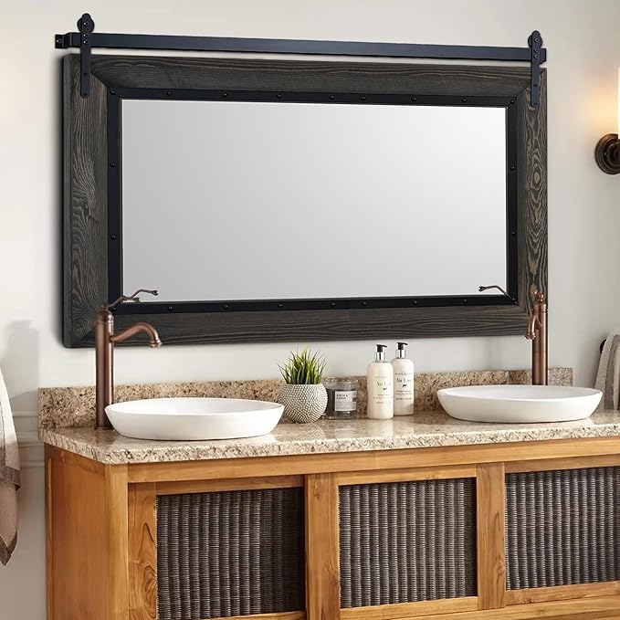 YOSHOOT Farmhouse Barn Door Mirror, 40"x26" Rustic Bathroom Mirror, Wood Frame Wall Mirror, Wooden Mirror for Living Room Bedroom Entryway Wall Décor, Horizontal Hanging ONLY