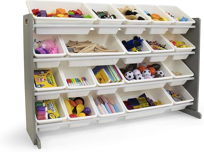 Humble Crew Extra-Large Toy Organizer with 20 Plastic Bins – Grey/White Storage Rack with 4-Tier Shelves, Anti-Tip Safety, for Kids’ Rooms, Playrooms, Nurseries & Classrooms