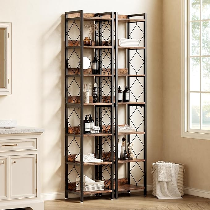 LITTLE TREE Book Shelf Set of 2, 7-Tier Tall Bookcase, Wooden Display Shelves with Metal Frame for Living Room, Modern Narrow Standing Bookshelves for Bedroom, Brown Office Shelf for Small Spaces