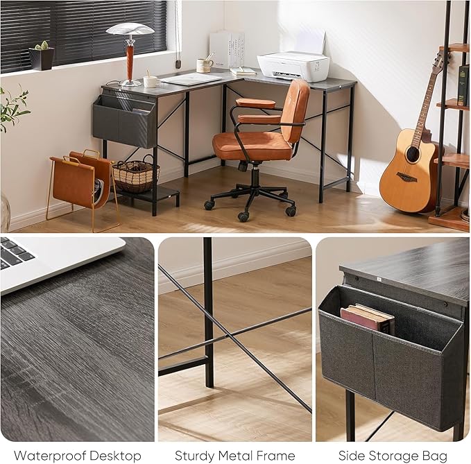 Whitmor L Shaped Gaming Desk - 50 Inch Reversible Corner Computer Desk with Wood Top, Metal Frame, CPU Stand & Side Bag, Home Office Dorm Sturdy Writing Workstation, Grey