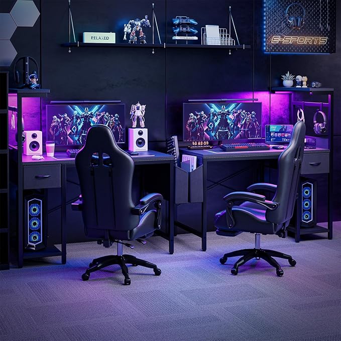 Gaming Desk 40 Inch with Power Outlet and LED Light, Computer Desk with Reversible Shelves and Storage Drawer, Pc Small Desk for Home Office Table with Bag, Carbon Fiber Black
